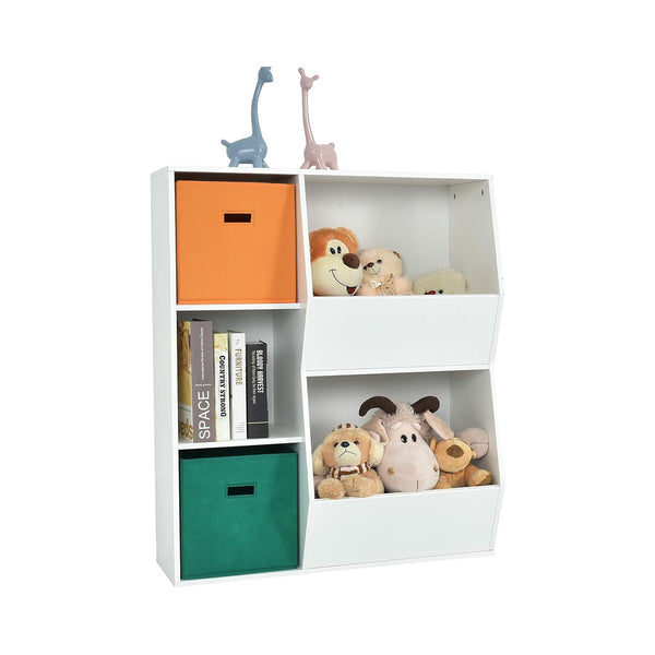 HONEY JOY 5 Cubbies Kids Toy Storage Organizer, Children Bookcase and Bookshelf w/2 Storage Boxes, Wooden Muti-Bins Toy Storage Display Cabinet for Playroom, Nursery (White) chinaatoday