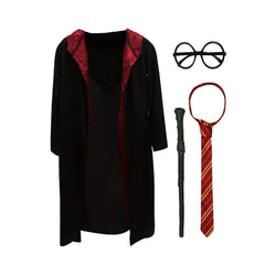 Wizard Cosplay Costume Set For Kids, Hooded Robe & Striped Tie & Glasses & Magic Wand, Boys & Girls Dress Up Outfits For Halloween, Magical Cosplay Party chinaatoday