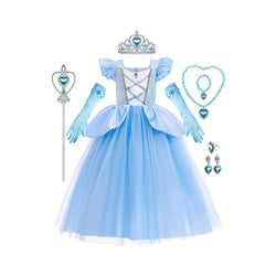 Girls Blue Princess Costumes Puff Sleeve Fancy Halloween Party Dress Up With Hat Gloves Crown Earrings Accessories chinaatoday