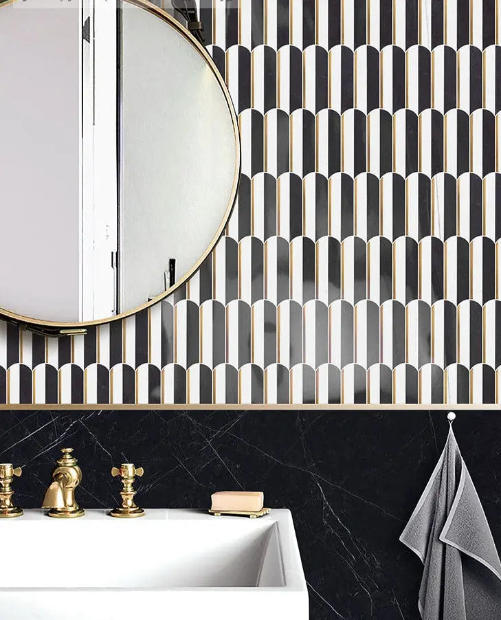 Atlos Black Marble mosaic luxury style gold metal feather tile - BEJUSTSIMPLE