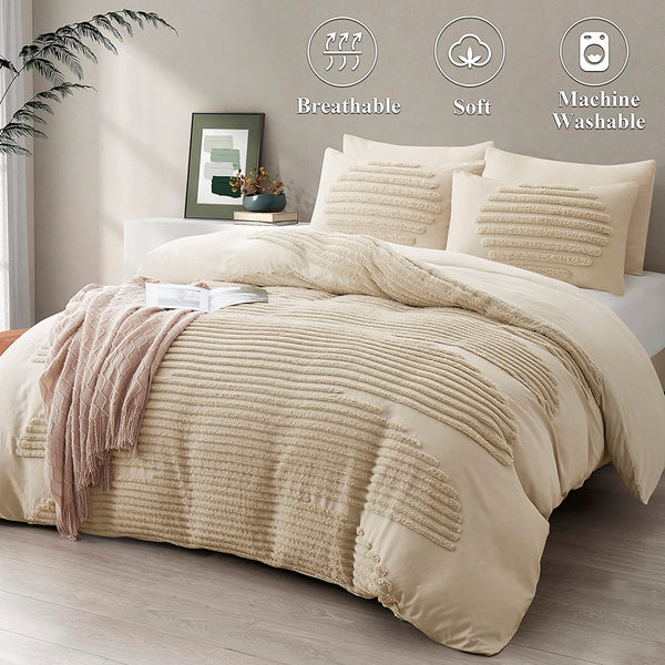 Boho Queen Duvet Cover Set, minimalist Bedding Sets for Modern Home, Tufted and Super Soft 
