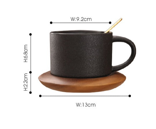 Ceramic coffee cup with base black frosted mug with spoon simple - BEJUSTSIMPLE
