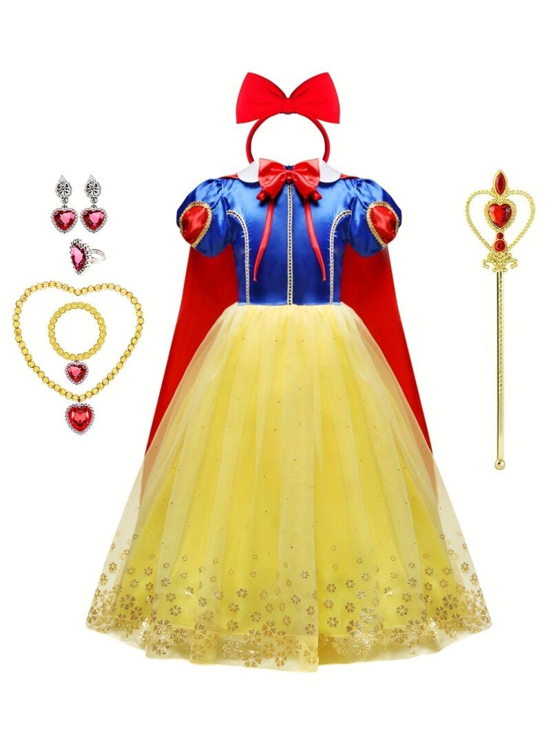 9pcs Girls Snow Princess Dress Costume, With Accessories Jewelry, Gloves, Crown & Princess Wand Outfits For Christmas Evening Party Birthday, Kids Clothes - Image 2