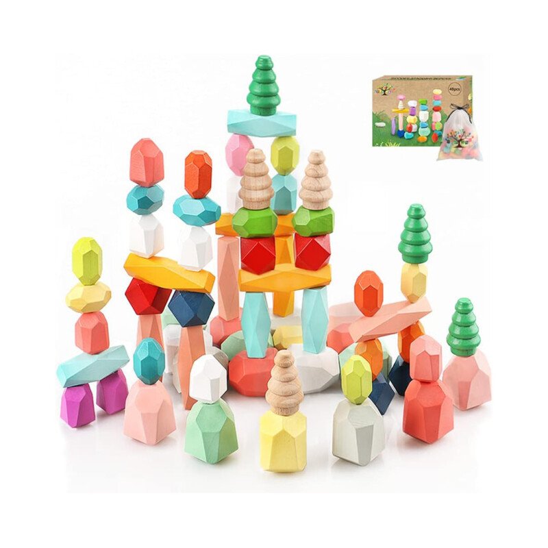 48PCS Wooden Stacking Building Blocks Montessori Toys for 1 2 3 4 5 6 Year Old Girls Boys Preschool Educational Sensory Toys for Toddlers 1-3 STEM Learning Toys Ages 2-4 Kids Games Gift