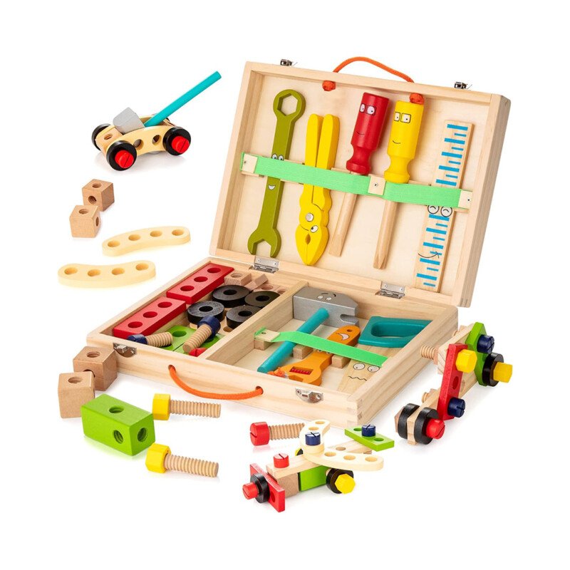 KIDWILL Tool Kit for Kids, Wooden Toddler Tools Set Including Tool Box & DIY Stickers, Montessori Educational STEM Construction Toys for 3 4 5 6 7 Years Old Boys Girls, Best Birthday Gift for Kids