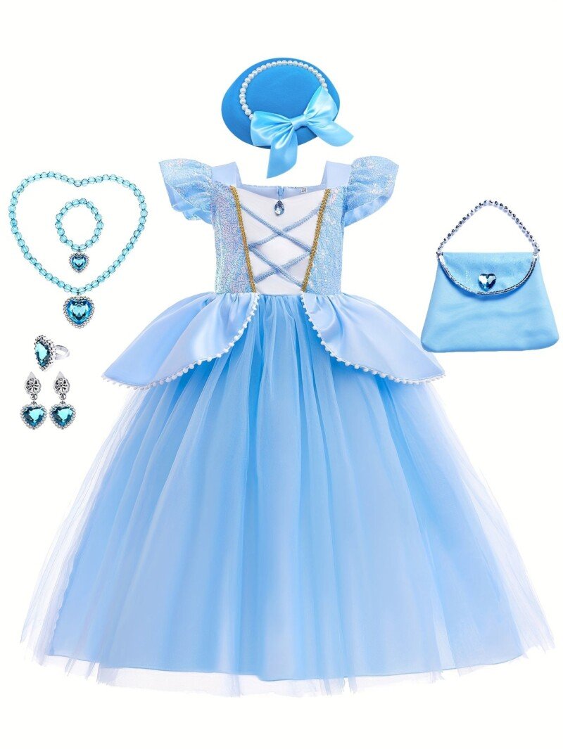 Girls Blue Princess Costumes Puff Sleeve Fancy Halloween Party Dress Up With Hat Gloves Crown Earrings Accessories - Image 5