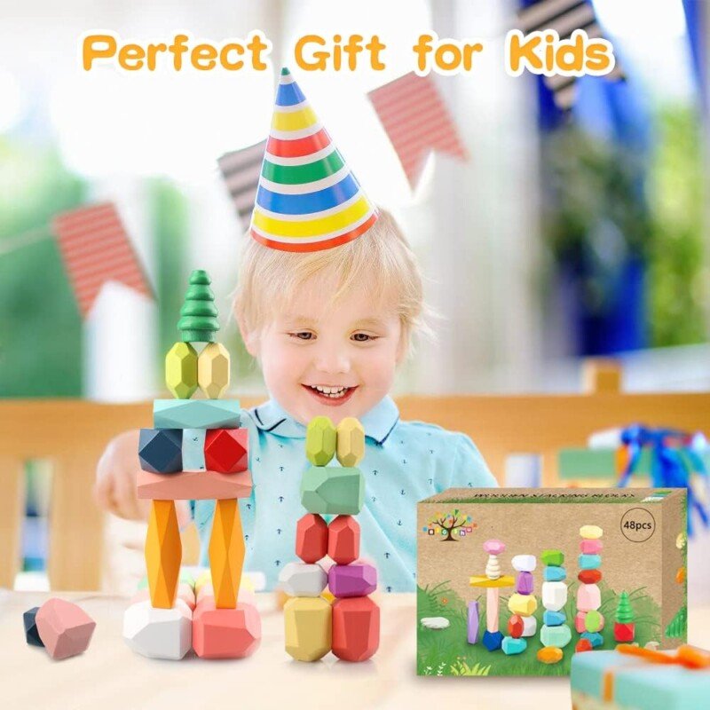 48PCS Wooden Stacking Building Blocks Montessori Toys for 1 2 3 4 5 6 Year Old Girls Boys Preschool Educational Sensory Toys for Toddlers 1-3 STEM Learning Toys Ages 2-4 Kids Games Gift - Image 8