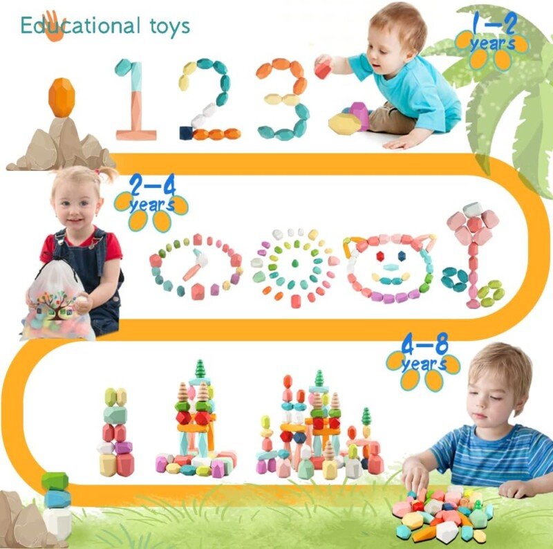 48PCS Wooden Stacking Building Blocks Montessori Toys for 1 2 3 4 5 6 Year Old Girls Boys Preschool Educational Sensory Toys for Toddlers 1-3 STEM Learning Toys Ages 2-4 Kids Games Gift - Image 5