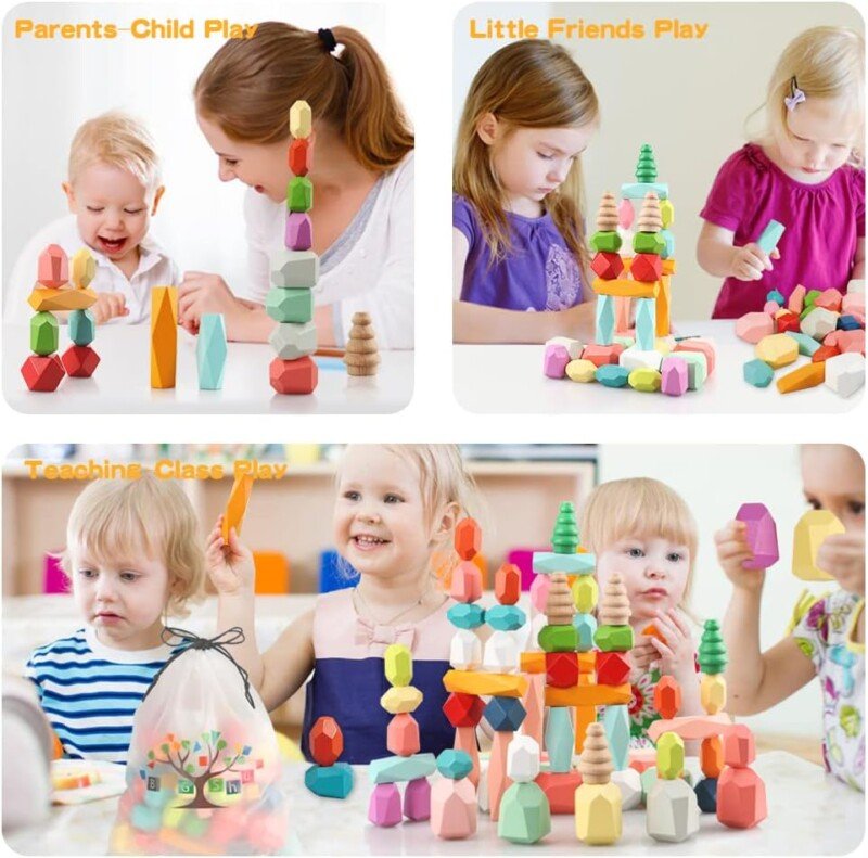 48PCS Wooden Stacking Building Blocks Montessori Toys for 1 2 3 4 5 6 Year Old Girls Boys Preschool Educational Sensory Toys for Toddlers 1-3 STEM Learning Toys Ages 2-4 Kids Games Gift - Image 7