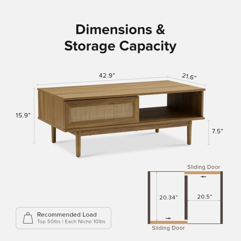 mopio Haylee Coffee Table, Modern Boho Farmhouse Small Coffee Table with Storage, Natural Rattan Living Room Tables, Center Table (Rattan (Oak)) - Image 3