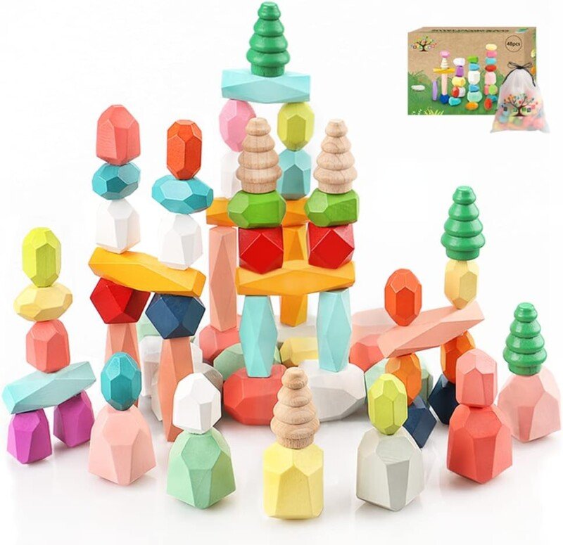 48PCS Wooden Stacking Building Blocks Montessori Toys for 1 2 3 4 5 6 Year Old Girls Boys Preschool Educational Sensory Toys for Toddlers 1-3 STEM Learning Toys Ages 2-4 Kids Games Gift - Image 2