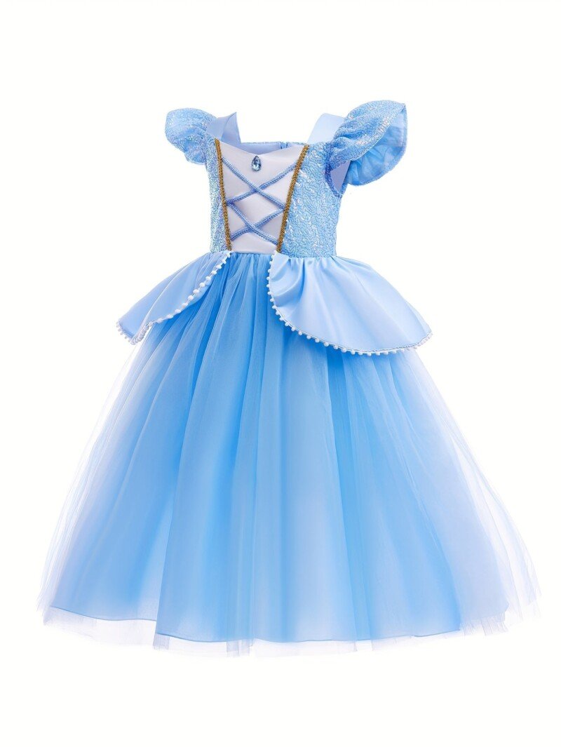 Girls Blue Princess Costumes Puff Sleeve Fancy Halloween Party Dress Up With Hat Gloves Crown Earrings Accessories - Image 9