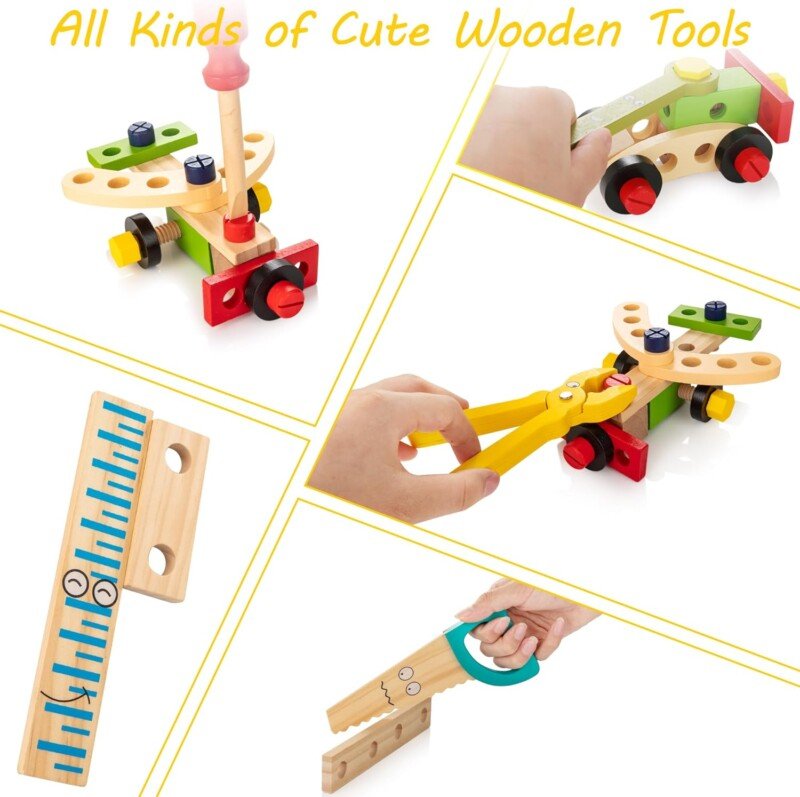 KIDWILL Tool Kit for Kids, Wooden Toddler Tools Set Including Tool Box & DIY Stickers, Montessori Educational STEM Construction Toys for 3 4 5 6 7 Years Old Boys Girls, Best Birthday Gift for Kids - Image 4