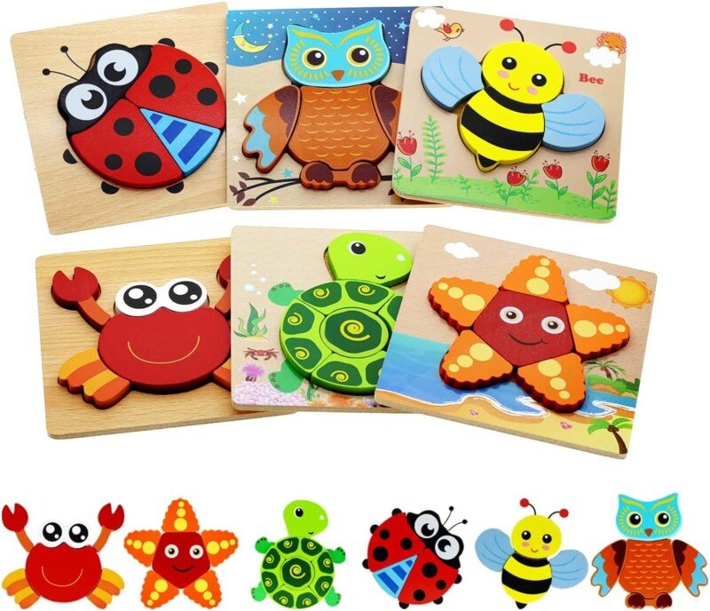 Montessori Toys for 1 2 3 Year Old Boys Girls Wooden Toddler Puzzles Kids Infant Baby Educational Learning Toys for Toddlers 1-3 Gifts 6 Animal Shape Jigsaw Eco Friendly Travel STEM Building Toy Games - Image 2