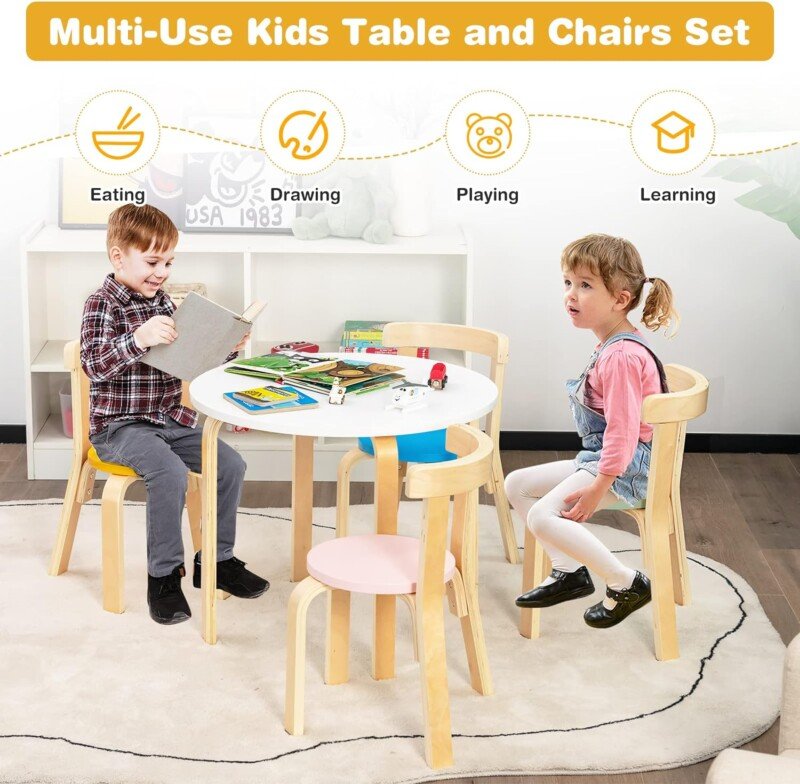 HONEY JOY Kids Table and Chair Set, Bentwood Toddler Round Table and 4 Chairs for Craft Art, Building Block, 5-Piece Children Furniture Set for Daycare, Kindergarten, Playroom (Colorful) - Image 7