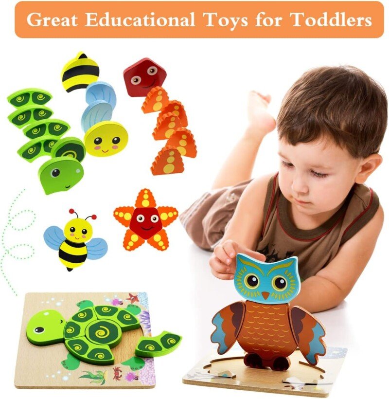 Montessori Toys for 1 2 3 Year Old Boys Girls Wooden Toddler Puzzles Kids Infant Baby Educational Learning Toys for Toddlers 1-3 Gifts 6 Animal Shape Jigsaw Eco Friendly Travel STEM Building Toy Games - Image 5