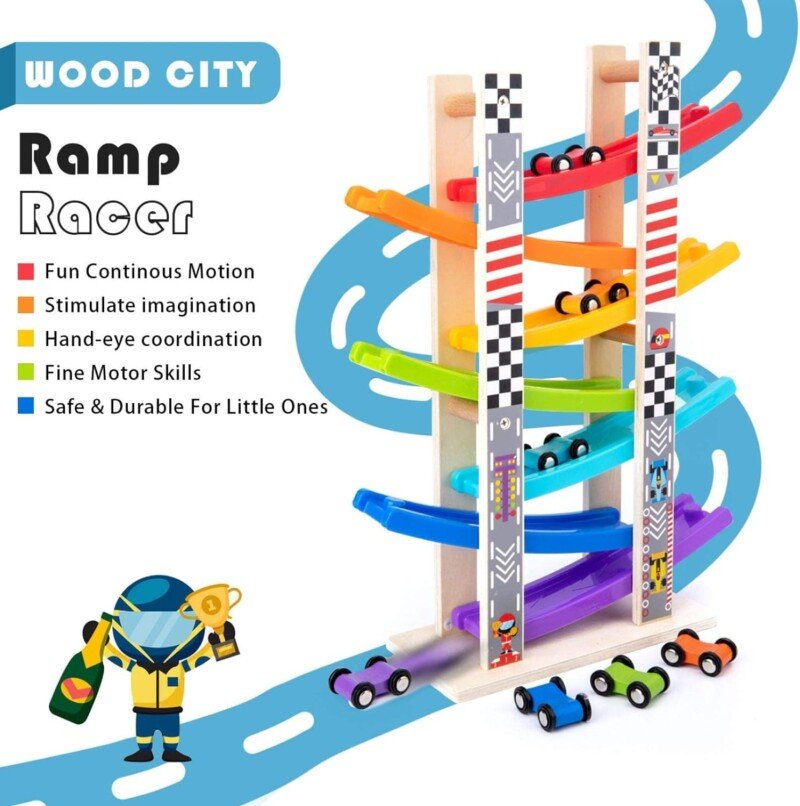 WOOD CITY Toddler Toys for 1 2 3 Years Old, Wooden Car Ramp Racer Toy Vehicle Set with 7 Mini Cars & Race Tracks, Montessori Toys for Toddlers Boys Girls Gift - Image 3