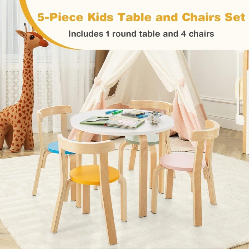 HONEY JOY Kids Table and Chair Set, Bentwood Toddler Round Table and 4 Chairs for Craft Art, Building Block, 5-Piece Children Furniture Set for Daycare, Kindergarten, Playroom (Colorful) - Image 4