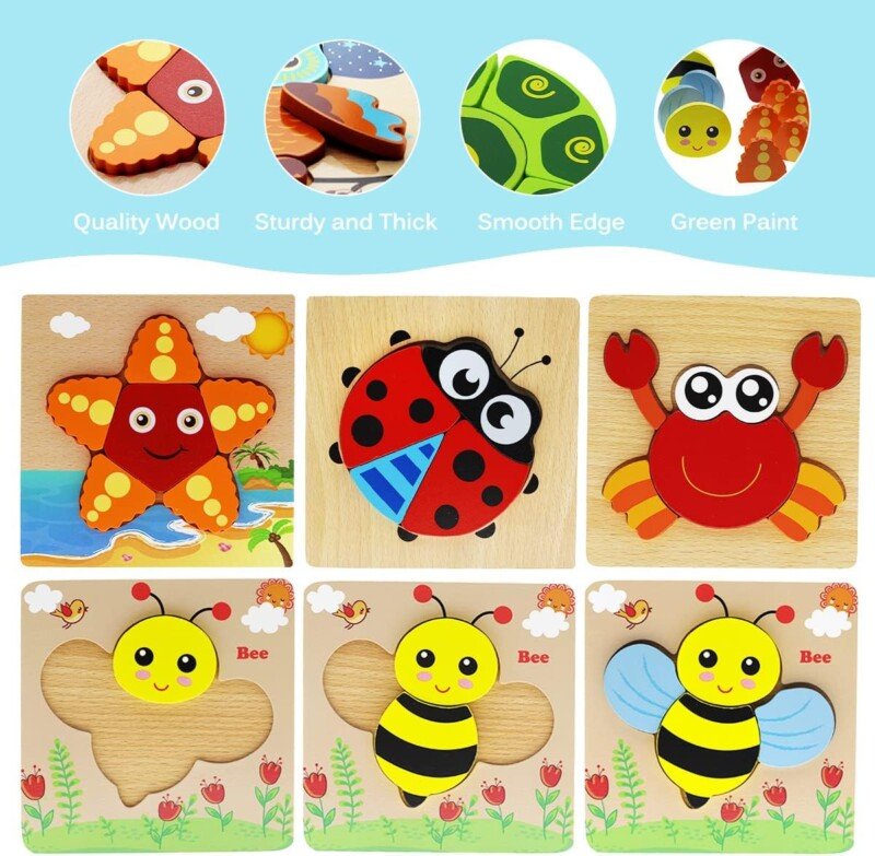 Montessori Toys for 1 2 3 Year Old Boys Girls Wooden Toddler Puzzles Kids Infant Baby Educational Learning Toys for Toddlers 1-3 Gifts 6 Animal Shape Jigsaw Eco Friendly Travel STEM Building Toy Games - Image 4