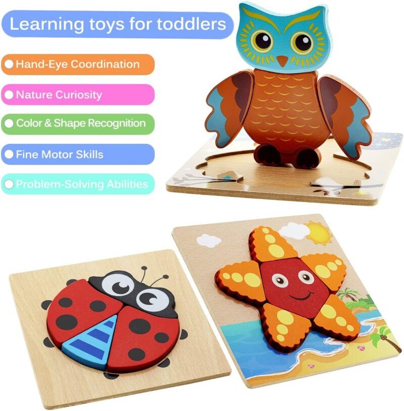 Montessori Toys for 1 2 3 Year Old Boys Girls Wooden Toddler Puzzles Kids Infant Baby Educational Learning Toys for Toddlers 1-3 Gifts 6 Animal Shape Jigsaw Eco Friendly Travel STEM Building Toy Games - Image 6