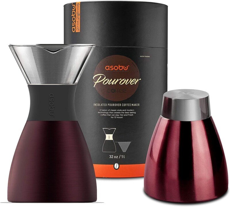 asobu Insulated Pour Over Coffee Maker (32 oz.) Double-Wall Vacuum, Stainless-Steel Filter and Take on the Go Carafe (Burgundy) - Image 2