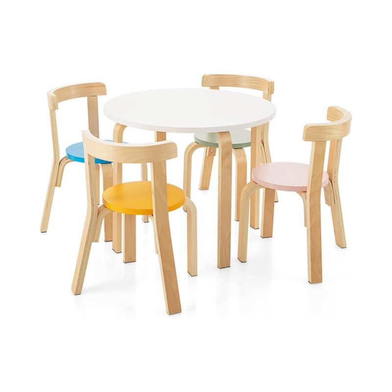 HONEY JOY Kids Table and Chair Set, Bentwood Toddler Round Table and 4 Chairs for Craft Art, Building Block, 5-Piece Children Furniture Set for Daycare, Kindergarten, Playroom (Colorful)