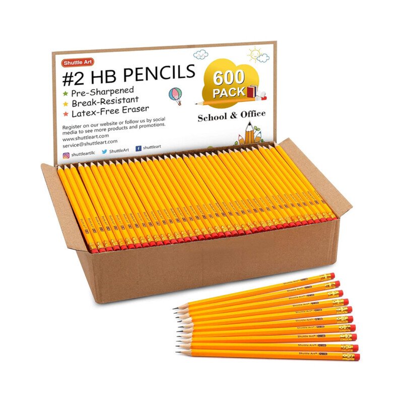 Shuttle Art Wood-Cased #2 HB Pencils, 600 Pack Sharpened Yellow Pencils with Erasers, Bulk Pack Graphite Pencils for School and Teacher Supplies, Writing, Drawing and Sketching