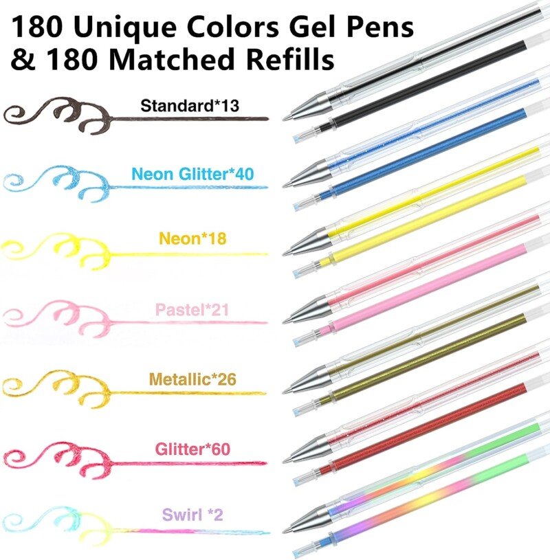 360 Pack Gel Pens Set with 180 Colors Refills Perfect for Coloring Art - Image 4