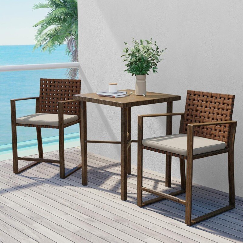 Grand patio 3-Piece Outdoor Counter Height Bar Set with Wood Grain Texture All-Weather Leather-Look Resin Wicker Bar Set with Market Umbrella Hole Furniture for Patio, Balcony, Garden - Brown