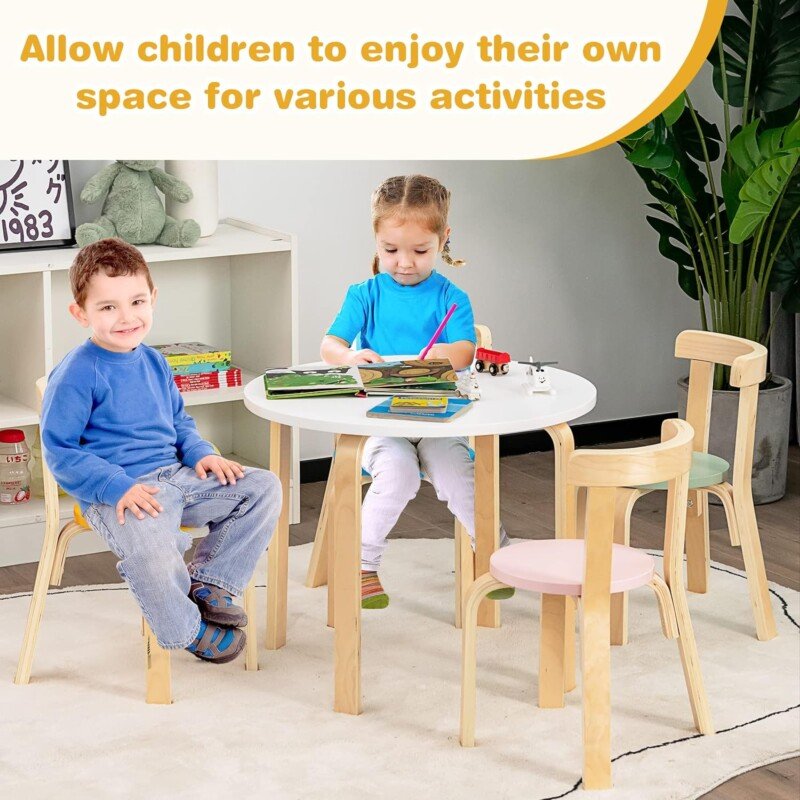 HONEY JOY Kids Table and Chair Set, Bentwood Toddler Round Table and 4 Chairs for Craft Art, Building Block, 5-Piece Children Furniture Set for Daycare, Kindergarten, Playroom (Colorful) - Image 5