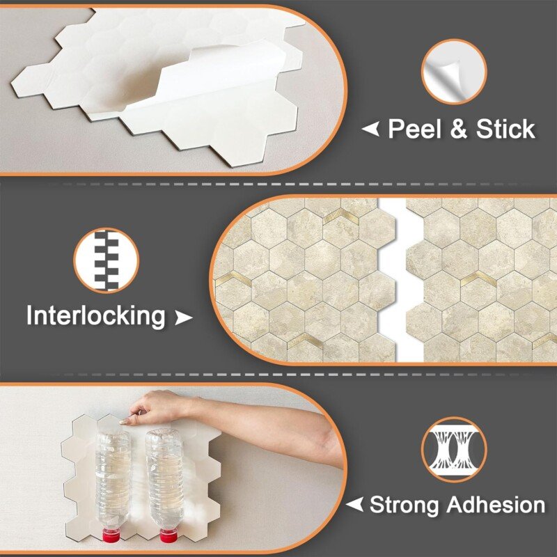 VAOVI Peel and Stick Backsplash Tile,Backsplash Tile for Kitchen Peel and Stick Wall Panels Hexagon Marble Tile(10pcs,Beige Gold) - Image 8