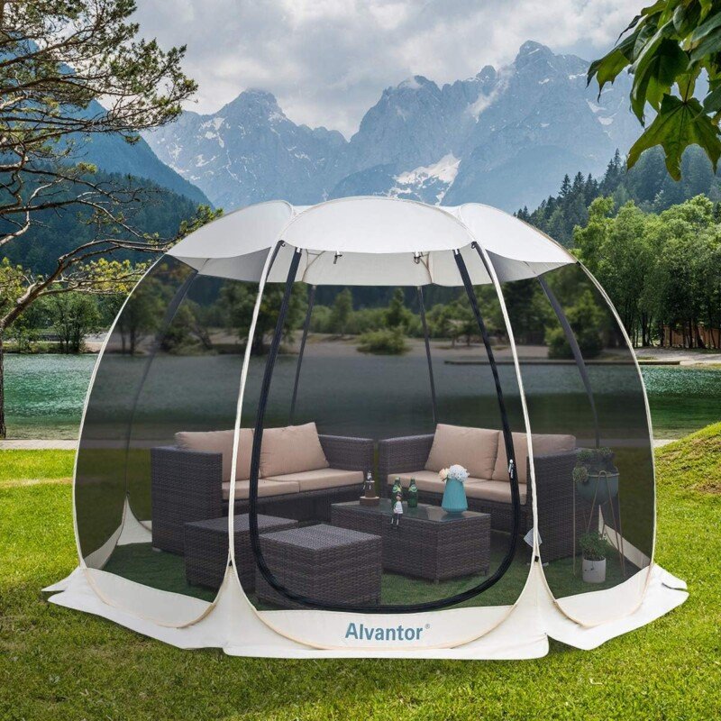 Alvantor Screen House Room Camping Tent Outdoor Canopy Pop Up Sun Shade Hexagon Shelter Mesh Walls Not Waterproof 10'x10' Beige Patent - Image 7