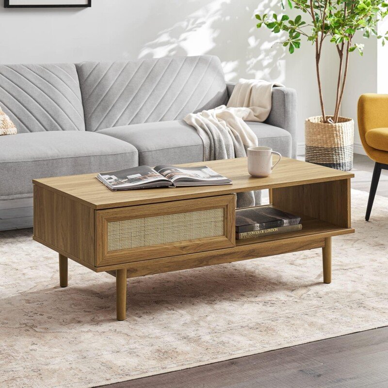 mopio Haylee Coffee Table, Modern Boho Farmhouse Small Coffee Table with Storage, Natural Rattan Living Room Tables, Center Table (Rattan (Oak))