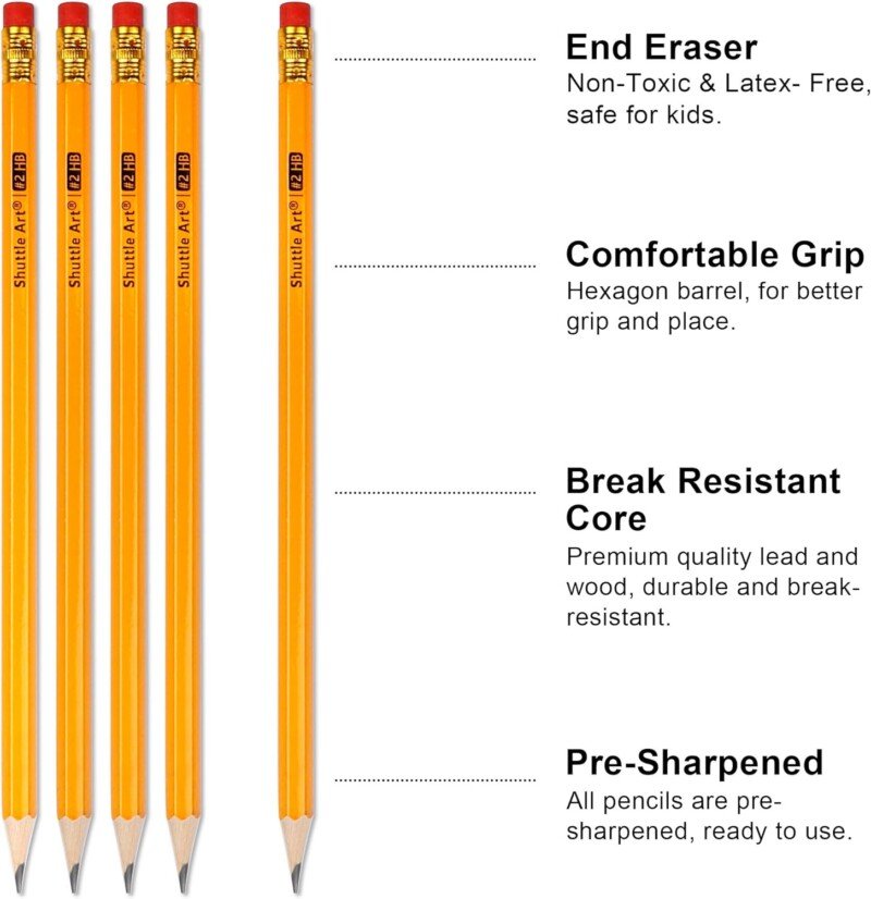 Shuttle Art Wood-Cased #2 HB Pencils, 600 Pack Sharpened Yellow Pencils with Erasers, Bulk Pack Graphite Pencils for School and Teacher Supplies, Writing, Drawing and Sketching - Image 4