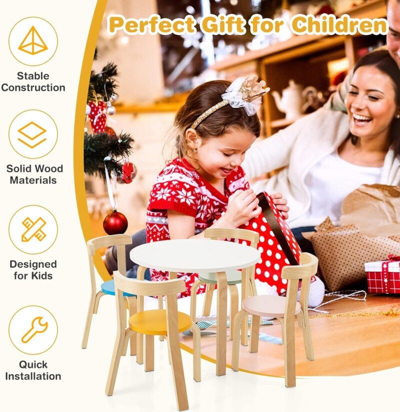 HONEY JOY Kids Table and Chair Set, Bentwood Toddler Round Table and 4 Chairs for Craft Art, Building Block, 5-Piece Children Furniture Set for Daycare, Kindergarten, Playroom (Colorful) - Image 8