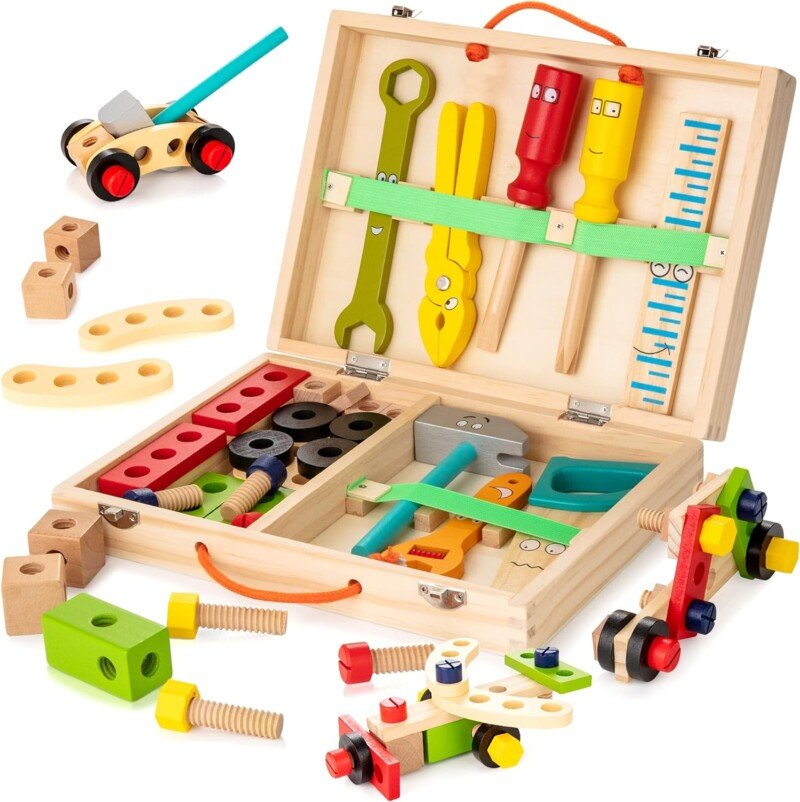 KIDWILL Tool Kit for Kids, Wooden Toddler Tools Set Including Tool Box & DIY Stickers, Montessori Educational STEM Construction Toys for 3 4 5 6 7 Years Old Boys Girls, Best Birthday Gift for Kids - Image 2