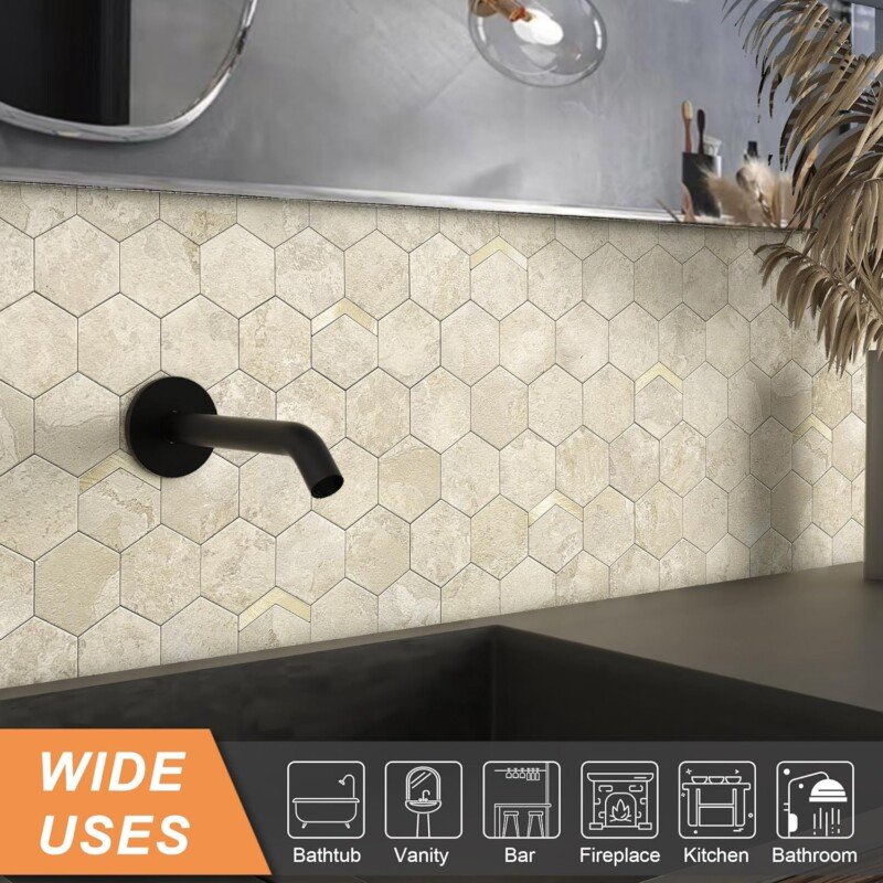 VAOVI Peel and Stick Backsplash Tile,Backsplash Tile for Kitchen Peel and Stick Wall Panels Hexagon Marble Tile(10pcs,Beige Gold) - Image 5