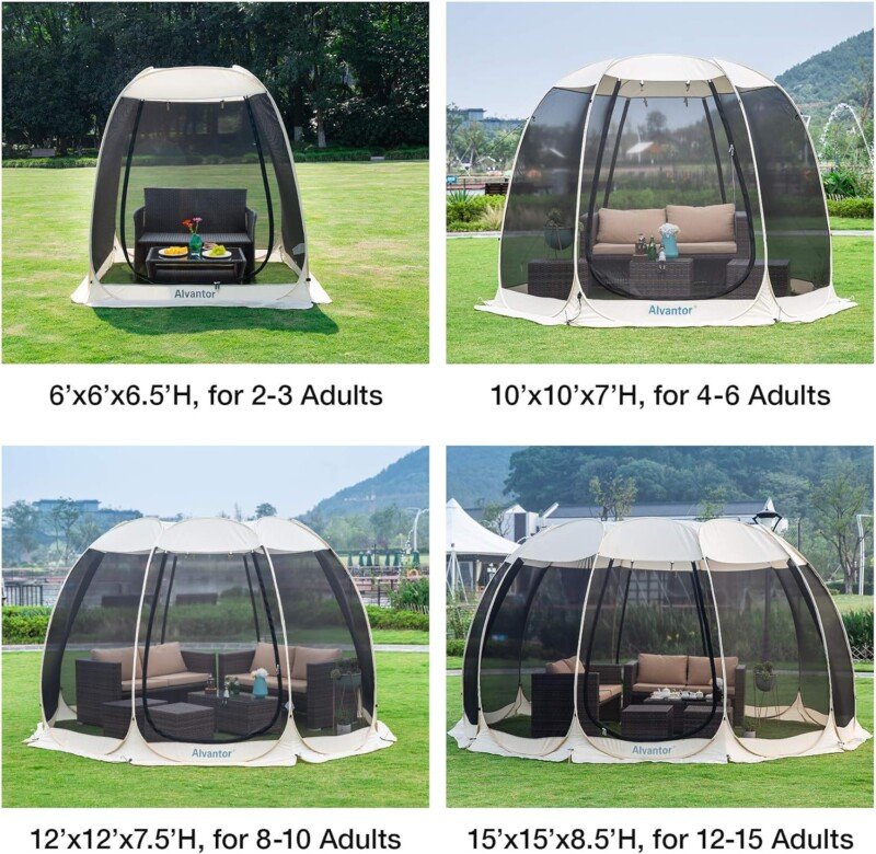 Alvantor Screen House Room Camping Tent Outdoor Canopy Pop Up Sun Shade Hexagon Shelter Mesh Walls Not Waterproof 10'x10' Beige Patent - Image 2