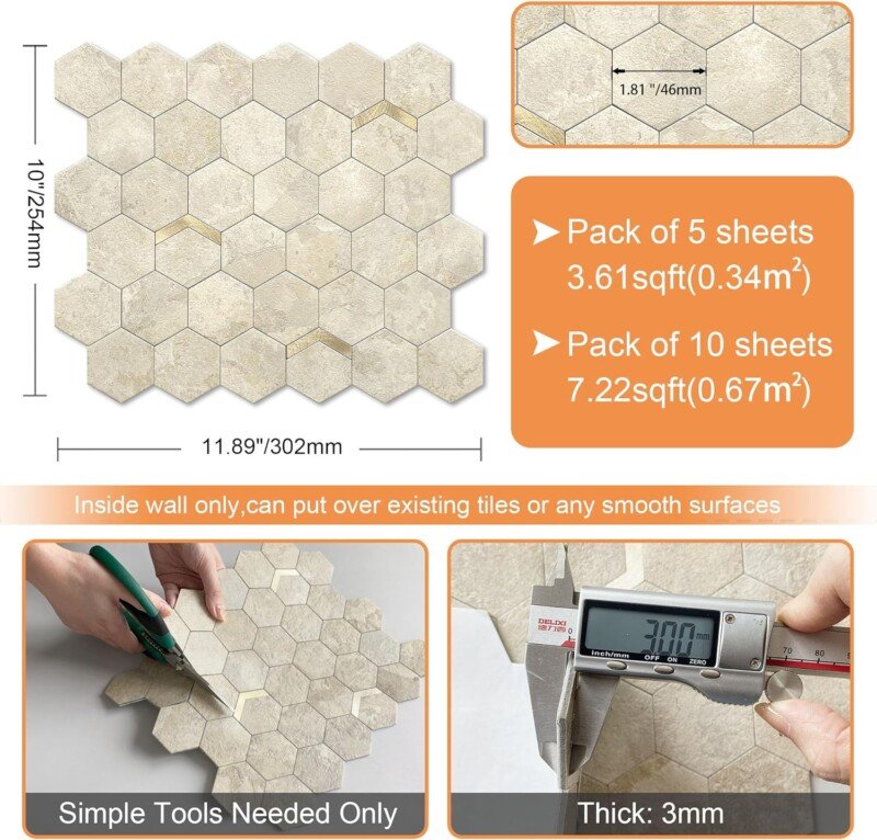 VAOVI Peel and Stick Backsplash Tile,Backsplash Tile for Kitchen Peel and Stick Wall Panels Hexagon Marble Tile(10pcs,Beige Gold) - Image 7