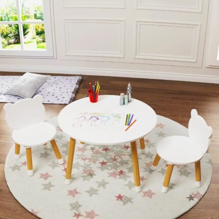 UTEX Kids Wood Table and Chair Set, Kids Play Table with 2 Chairs,3 Pieces Kids Round Table for Toddlers, Girls, Boys,White