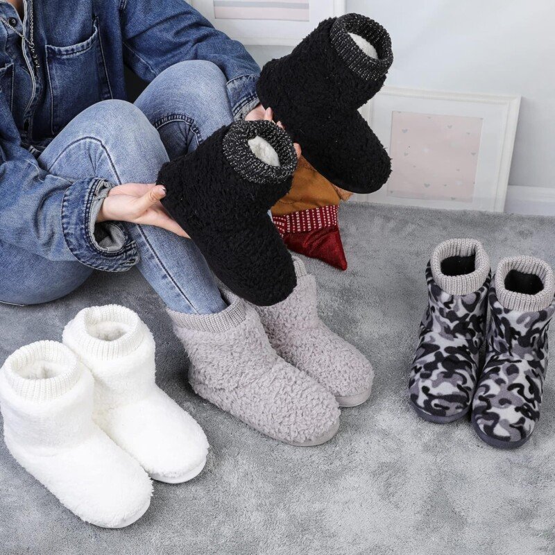 Faux Fleece Fuzzy Ankle Bootie Slippers with Anti-Slip Sole Warm Outdoor Indoor Slippers - Image 7