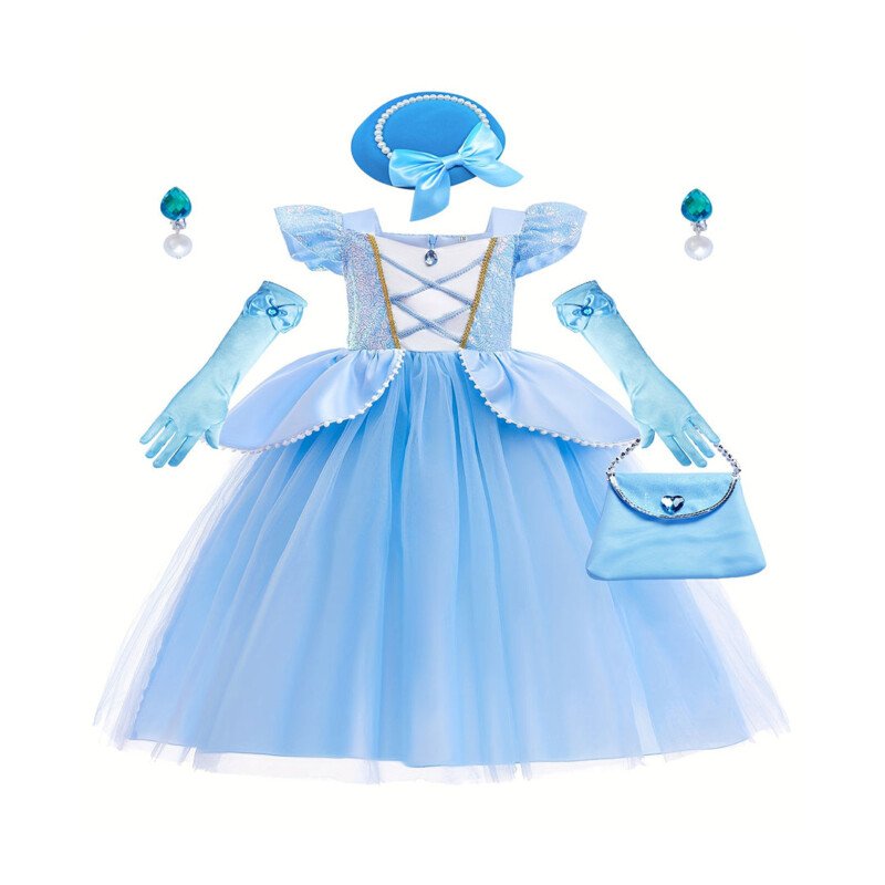 Girls Blue Princess Costumes Puff Sleeve Fancy Halloween Party Dress Up With Hat Gloves Crown Earrings Accessories - Image 2