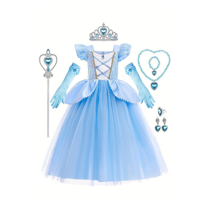 Girls Blue Princess Costumes Puff Sleeve Fancy Halloween Party Dress Up With Hat Gloves Crown Earrings Accessories