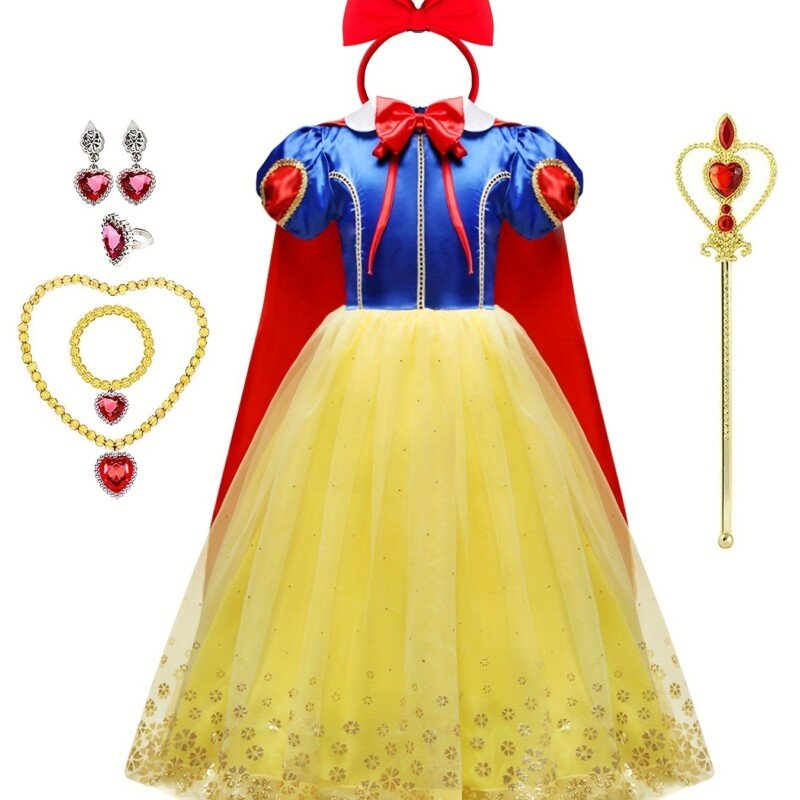 9pcs Girls Snow Princess Dress Costume, With Accessories Jewelry, Gloves, Crown & Princess Wand Outfits For Christmas Evening Party Birthday, Kids Clothes - Image 12