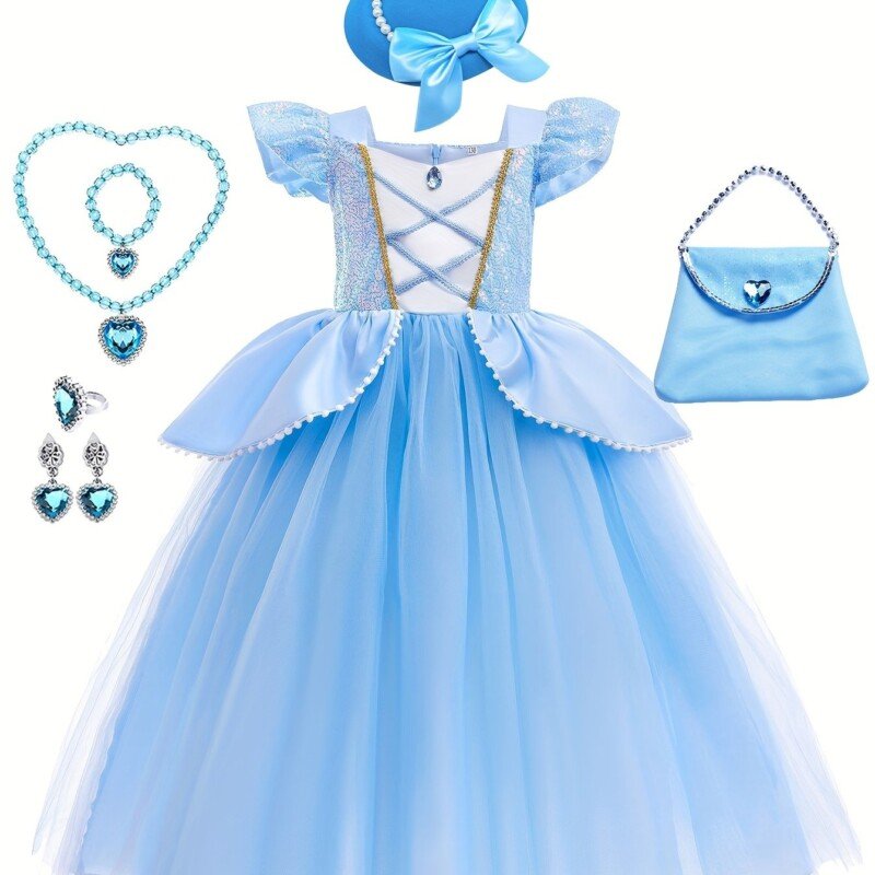 Girls Blue Princess Costumes Puff Sleeve Fancy Halloween Party Dress Up With Hat Gloves Crown Earrings Accessories - Image 14