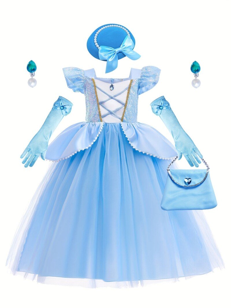 Girls Blue Princess Costumes Puff Sleeve Fancy Halloween Party Dress Up With Hat Gloves Crown Earrings Accessories - Image 3