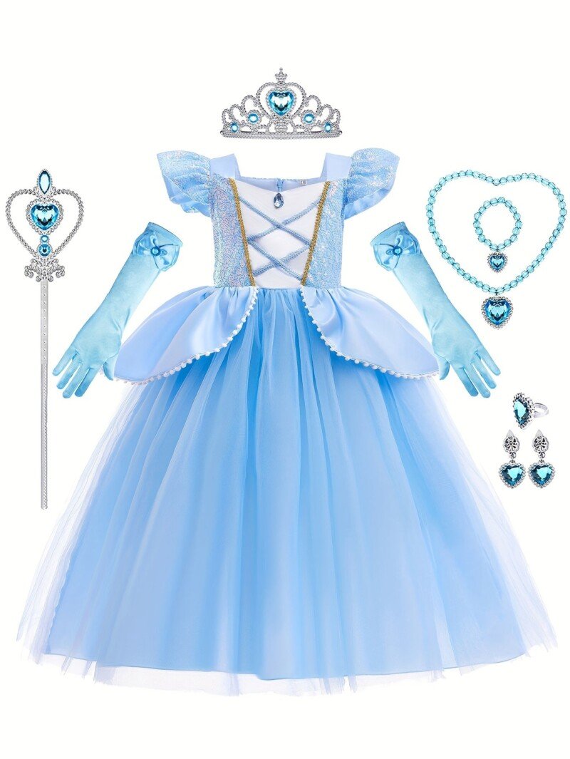 Girls Blue Princess Costumes Puff Sleeve Fancy Halloween Party Dress Up With Hat Gloves Crown Earrings Accessories - Image 4