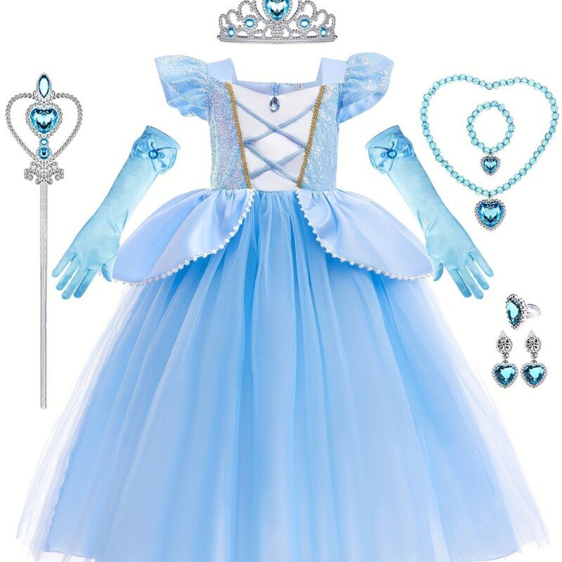 Girls Blue Princess Costumes Puff Sleeve Fancy Halloween Party Dress Up With Hat Gloves Crown Earrings Accessories - Image 15