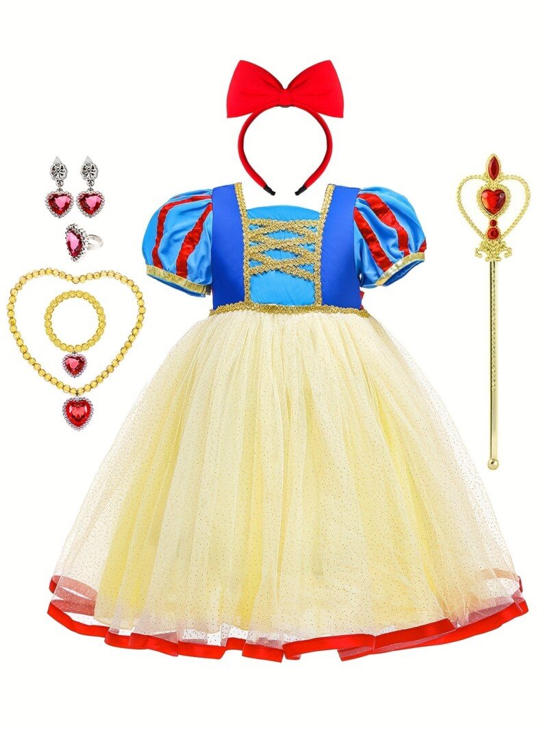 Girls Dress Costume, Princess Dress, Jewelry, Gloves, Crown & Princess Wand, For Christmas Evening Party Birthday, Kids Clothes - Image 2