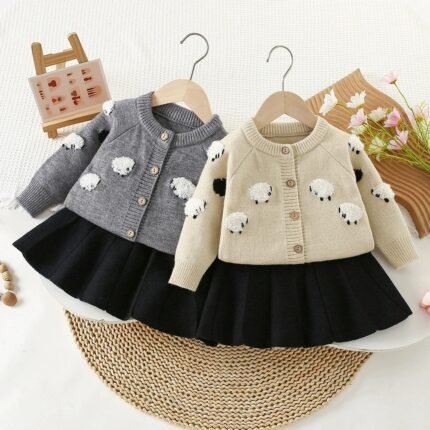 2025 Spring and Autumn New Children Sweater Cardigan Set Cute Cartoon Lamb Knitted Sweater Coat Top for Boys and Girls